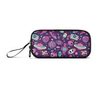 UFO Aliens Rockets Cartoon Purple Nylon Teen Pencil Bag Big Capacity Pencil Case with Zipper Stationery Organizer for School Girls