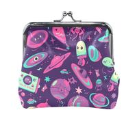 UFO Aliens Rockets Cartoon Purple Women's Leather Coin Purses Pouches Waterproof Mini Cosmetic Case for Women