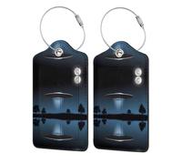 UFO at Night Patterned Leather Luggage Tag with Name Id Tag and Stainless Steel Ring for Women Men Luggage Handbags 1 Pcs