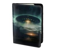 UFO at night print Leather Card Case Travel Accessories Passport Holder Cover Wallet for Women Men, Black, One Size