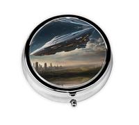 UFO at Night Print Mini Metal Pill Box 2.0x2.0x0.7 in Round Travel Medicine Pill Organizer Box for Purse Pocket