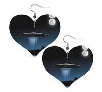 UFO at night Prints Leather Heart earrings Pendant Stylish and light Lightweight Dangle for Women Girls, One Size, Leather, No Gemstone