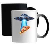 UFO Beaming Down a Slice of Pizza Ceramic Magic Mug White