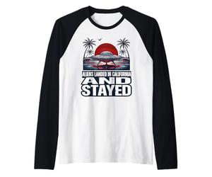 UFO Crash Lands California Beach Raglan Baseball Tee