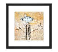 UFO Flying Saucer City Abstract Illustration 8X8 Inch Square Wooden Framed Wall Art Print Picture with Mount Artery8 Black One Size