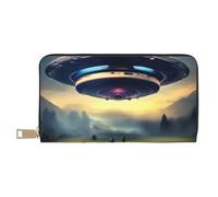 Ufo Landing Leather Wallet, Unisex Long Wallet, Business Zipper, Multiple Card Slots, Large Capacity, Fashion, Casual, Wallet, White, One Size