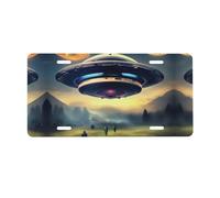 UFO landing License Plate for Front of Car â€“ Personalized Aluminum Car Tags â€“ 6â€ x 12â€ Universal Fit.