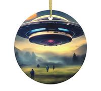 UFO landing Print Christmas Ornaments Ceramic, Round Hanging Pendant Holiday Home Decor, Party Creative Xmas Gift