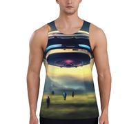 UFO Landing Print Men's Workout Tank Top, Quick Dry Gym Muscle Tee, for Bodybuilding Training Sleeveless T Shirts, Black, Medium