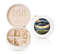 UFO landing Print Women Leather Jewelry Box, Travel Portable Small Jewelry Case for Ring, Pendant, Earring White