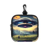 UFO Landing Small Waterproof Zipper Pouch-Neoprene Storage Bag for Earbuds, Keychain Clip Case
