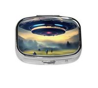 UFO Landing Square Pill Box with Full Print Design - Portable Metal Travel Case for Vitamins & Medication, 2.2x1.6x0.7 Inch.
