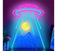 UFO Neon Sign for Wall Decor Alien Spaceship Mountain Neon Sign Dimmable Moon LED Neon Light Signs Light Up Sign for Bedroom Kids Space Game Room Decor Beer Bar Nightclub Shop Gift