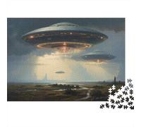 UFO Sightings Alien Spaceships Hovering Over Rural Landscape 1000-Piece Jigsaw Puzzle for Adults, 52x38cm/1000pcs, Low-dust White Cardboard Pieces; Screen-free Family Time at Home