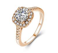 UFOORO Pink Rose Gold Color Rings for Women Sparky Cubic Zirconia Anniversary Wedding Engagement Ring CZ Ring Solitaire Crystal Band Jewellery Gift Size Q