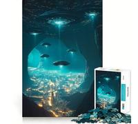 UFOs Over Cityscape Jigsaw Puzzle1000 Pieces Mind Train Fun Clean Cut Sturdy Components Captivating Leisure for Cozy Indoors (50x75cm)