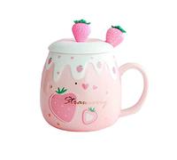 UFOTSAM Coffee Mug Cups Ceramic Tea Cup Fruits Strawberry Shaped Handmade Cute Mugs With Lid Spoon Handle Office Home Hot Ice Chocolate Milk Mugs Gifts Microwave Dishwasher Safe Travel Mugs (Pink)