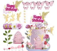 UFROMSKY 32PCS Fairy Cake Topper Decorations Glitter Fairy Happy Birthday Cake Decor Pink Butterfly Flowers Fairy Door Mushroom House Cake Pick for Fairy Birthday Party Fairy Garden Theme Baby Shower