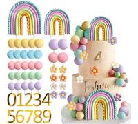 UFROMSKY 49Pcs Rainbow Cake Topper Groovy Boho Hippie Cake Decorations Pastel Balls Daisy Flower Number Cake Toppers for Retro Hippie Party Girls Women Birthday Wedding Rainbow Theme Party Supplies