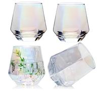 Ufrount Wine Glasses Set of 4,Iridescent Stemless Wine Glasses for Red and White Wine,Geometric 10oz Diamond Shaped Glass Cups for Whiskey,Cocktail,Bourbon,Juice,Water
