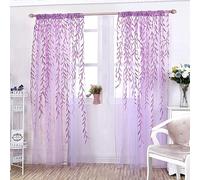 Ufurty 2 Pieces Willow Leaf Window Curtain Voile Tulle Room Salix Leaf Sheer Vine Curtain Voile Panel Drapes Curtain Purple Willow Leaf Curtain for Living Room, Bedroom, Balcony