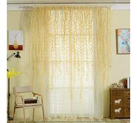 Ufurty 2 Pieces Willow Leaf Window Curtain Voile Tulle Room Salix Leaf Sheer Vine Curtain Voile Panel Drapes Curtain Yellow Willow Leaf Curtain for Living Room, Bedroom, Balcony