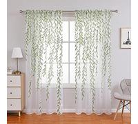 2 Pieces Willow Leaf Window Curtain Voile Tulle Room Salix Leaf Sheer Vine Curtain Voile Panel Drapes Curtain White Sheer Green Leaf Curtain for Living Room, Bedroom, Balcony (Green Leaf, 100*200cm)