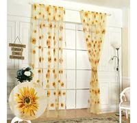 Ufurty Sunflower Window Curtain, 2PCS Sun Flower Floral Voile Sheer Curtain Panels Tulle Room Salix Leaf Sheer Gauze Curtain for Living Room, Bedroom, Balcony - Rod Pocket Top
