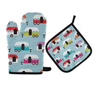 Ufuson Colorful Seamless Happy Camper Caravan on Turquoise Oven Mitts Pot Holders Sets, Potholder Hot Pads Heat Resistant Kitchen Oven Gloves for Cooking Baking Grilling Barbecue