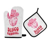 Ufuson Disco Cowgirl Hat Oven Mitts and Pot Holders Set Retro Pink Kitchen Oven Gloves Hot Pads Heat Resistant Handling Cooking Cookware Bakeware BBQ