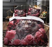 UFVZBNFAN 3D Printed 3-Piece Bedding Set Bed Decor Zipper Closure Ultra Soft Tiger in Roses Quilt Cover Breathable All Season for Youth,Adults,Children wild Animal Duvet Cover Single（135x200cm）
