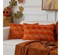 UGASA Fall Pillow Covers 12 x 20 Set of 2 Pumpkin Pattern Embroidery Decorative Rectangular Lumbar Cushions Autumn Soft Plush Faux Wool Pillows for Home Couch Sofa Bedroom Chair, Orange