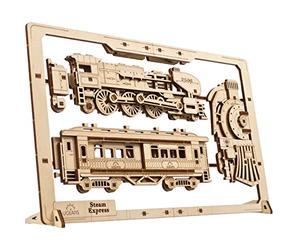 UGEARS 2.5D Framed Steam Express - Classic Train Wood Model Kit with Movable Wheels, Mechanisms & Doors - Steam Train Wooden Puzzle Model Kits for Adults - Home and Office Decor