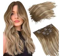 Ugeat 20 Inch Human Hair Extensions Clip in Balayage Dark Brown Clip in Hair Extensions Straight Blonde Balayage Quick Transformation #3/8/22 7Pcs 120G