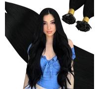 Ugeat 24 Inch Black Flat Tip Hair Extensions Jet Black Keratin Hair Extensions Real Human Hair for Women Pre Bonded Add Length for Everday Wear Lightweight and Long Lasting 50G 50S