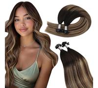 Ugeat Balayage Flat Tip Human Hair Extensions Brown Keratin Hair Extensions Real Human Hair Natural Black Mix Blonde for Women Low Damage 20 Inch 50g 50s #1B/4/27