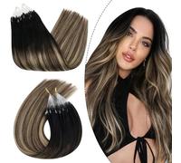 Ugeat Balayage Micro Ring Hair Extensions Medium Length 18 Inch 50G/50S Human Hair Extensions Micro Ring Natural Black to Dark Brown Mix Caramel Brown Balayage #1B/4/27