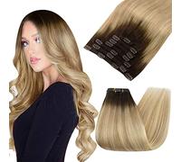 Ugeat Brown Clip in Hair Extension 14 Inch Balayage Human Hair Extensions Meidum Blonde Balayage Clip Ins Hair Clip Extensions Women 7Pcs 105G #3/8/22