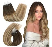 Ugeat Brown Micro Ring Hair Extensions Dark Roots Balayage Micro Beads Hair Extensions Remy Human Hair Dark Brown Mix Light Blonde Ombre 16 Inch 50G/50S #4/6/613