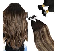 Ugeat Flat Tip Hair Extensions Balayage Natural Black 18 Inch Keratin Human Hair Extensions Medium Brown Ombre Blonde Natural Looking No Damage for Women 50g 50s #1B/4/27