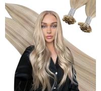 Ugeat Flat Tip Human Hair Extensions 18 Inch Ash Blonde Keratin Human Hair Extensions Flat Tip Ash Blonde Highlight Bleach Blonde Hot Fusion for Everyday Wear 50S 50G #18/613