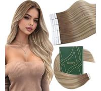 Ugeat Hair Extensions Tape in Human Hair Ombre Blonde 20 Inch Tape Hair Extensions Real Human Hair Balayage Blonde Light Brown 50G 20Pcs Natural #9A/60/9A