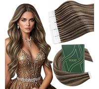 Ugeat Highlight Tape in Hair Extensions Human Hair 14 Inch Brown Blonde Hair Extensions Tape in Real Human Hair Caramel Brown Lightweight #4/27 40G 20Pcs for Women