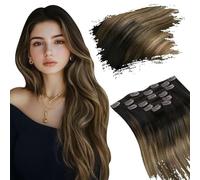 Ugeat Human Hair Extensions Clip in 22 Inch Darkest Brown Balayage Clip in Hair Extensions Ombre Medium Brown Mix Golden Brown Natural Color 7Pcs 120G #2/6/12