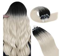 Ugeat Micro Bead Hair Extensions Ombre Micro Loop Hair Extensions Human Hair Black to Ash Blonde Mix Platinum Blonde Micro Link Hair Extension 14 Inch 57G 50S