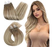 Ugeat Micro Beads Hair Extensions for Daily Medium Length 18 Inch Light Brown Mix Platinum Blonde Balayage Micro Human Hair Extensions for Natural 50G/50S #9A/60/9A