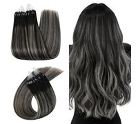 Ugeat Micro Beads Hair Extensions Ombre Black Micro Link Human Hair Extension, Ombre Black with Silver Grey Balayage, Cold Fusion Human Hair Extension, 20 Inch 50G 50S