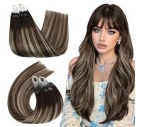 Ugeat Micro Beads Hair Extensions Real Human Hair Balayage Brown Blonde 14 inch Micro Ring Hair Extensions Human Hair Ash Blonde Balayage for Women 50G/50S #4/18/4