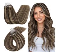 Ugeat Micro Loop Hair Extensions 24 Inch Long Length Micro Link Hair Extensions Human Hair Dark Brown Highlight Caramel Brown Scalp Friendly 50G/50S #4/27