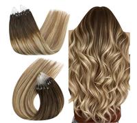 Ugeat Micro Loop Hair Extensions Real Human Hair 20 Inch Medium Brown Balayage Micro Ring Hair Extensions Real Human Hair Dark Brown to and Blonde 50G/50S #4/6/613
